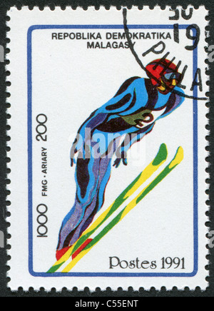 MADAGASCAR - 1991: Postage stamps printed in Madagascar, is dedicated to Olympic Winter Games in Albertville, ski jumping Stock Photo