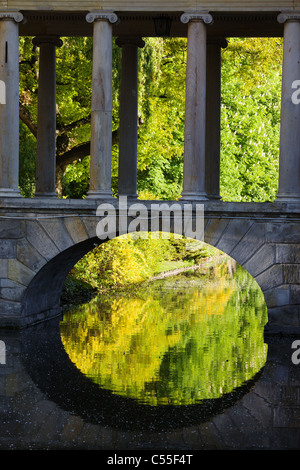 Reflections on water under an old arch bridge with columns in the Lazienki park in Warsaw, Poland Stock Photo