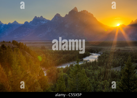 USA, Wyoming, Rocky Mountains, Grand Teton National Park, Snake River, landscape in sunset Stock Photo