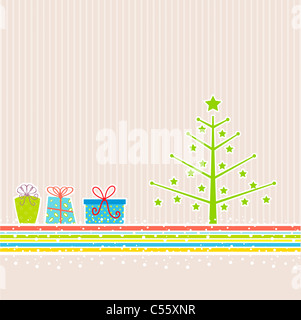 Retro styled Christmas background with tree and gifts Stock Photo