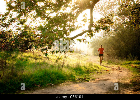 Man running at sunset in a park, San Clemente Canyon, San Diego County, California, USA Stock Photo