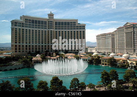 The dancing fountain in the lagoon in front of the Bellagio hotel is one of the hotel's most famous features. Stock Photo
