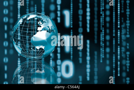 Wireframe globe on abstract binary code background Stock Photo