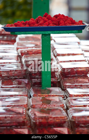 Raspberries, Jean-Talon Market (March Jean-Talon) in Montreal Canada Stock Photo