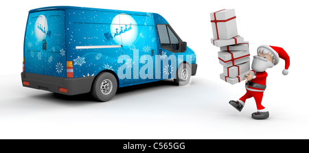 3D render of a Christmas delivery van with Santa Claus Stock Photo