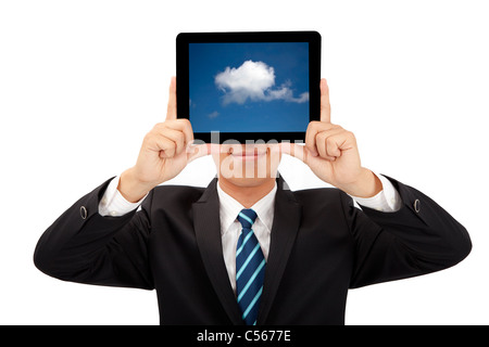 smiling businessman holding tablet pc and cloud thinking concept Stock Photo