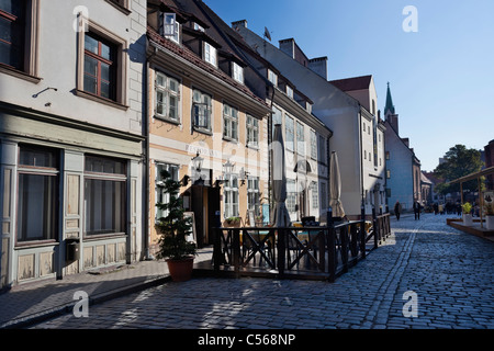 Outdoor terrace of café at Skarnu street in Riga old town Stock Photo