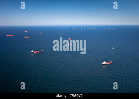 The Netherlands, IJmuiden, Aerial view of wind turbines park called Offshore Windpark Egmond aan Zee or Princess Amalia Stock Photo