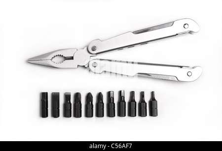 Metal, steel pliers and a screwdriver with a hexagon on a white background Stock Photo