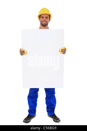 Manual worker holding blank white sign. All on white background. Stock Photo