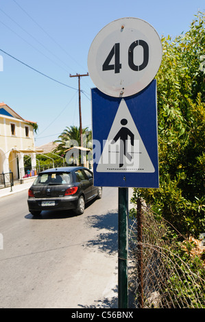 Greek speed limit and pedestrian crossing signs Stock Photo