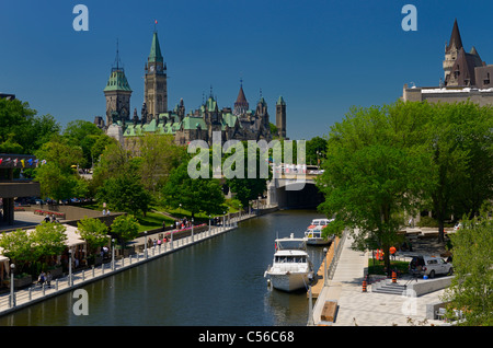 Overview of the Ottawa Parliament Buildings Rideau Canal National Arts Centre and Chateau Laurier hotel in summer Stock Photo