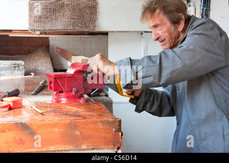 eighty year old man working in his shed workshop with wood in red vice Stock Photo