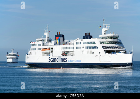 car ferry from Denmark arriving at Puttgarden, Fehmarn Island, Schleswig-Holstein, Germany Stock Photo