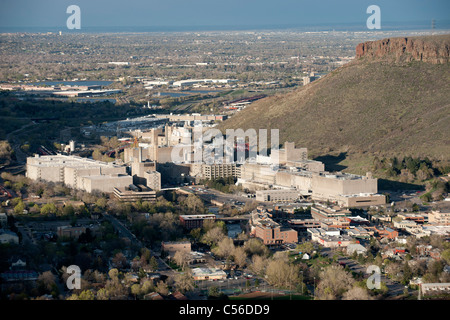 The Coors brewery dominates this view of downtown Golden, Colorado on a spring evening Stock Photo