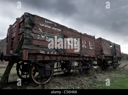 Old wooden coal or ore railway wagon at Prestonpans mining museum, East Lothian, Scotland Stock Photo