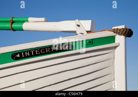 White clinker-built small fishing boat called Integrity, Crail, Fife, Scotland