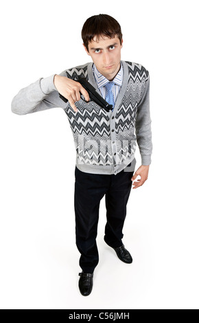 man with a gun in a gray jersey on a white background Stock Photo