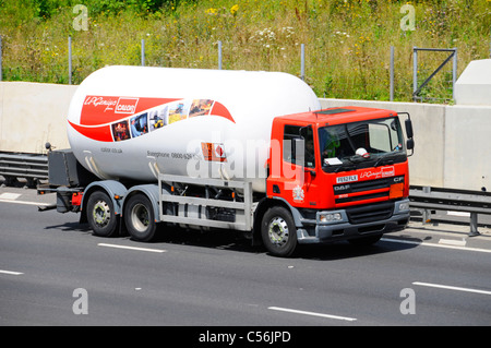 Calor Gas tanker delivery lorry with Hazchem Hazardous Chemicals and Dangerous Goods warning sign and freephone number Stock Photo