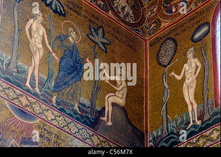 A mosaic of God presenting Eve to Adam and Eve's temptation, in Monreale Cathedral Stock Photo