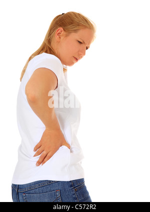 Mature woman suffering from backache. All on white background. Stock Photo