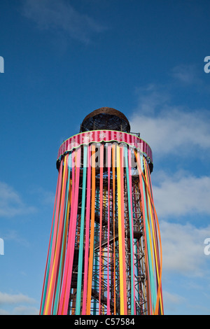 The park stage viewing tower or Ribbon Tower, Glastonbury Festival 2011, Somerset, England, United Kingdom. Stock Photo