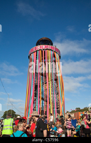 The park stage viewing tower or Ribbon Tower, Glastonbury Festival 2011, Somerset, England, United Kingdom. Stock Photo