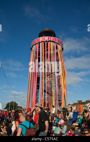 The park stage viewing tower or Ribbon Tower, Glastonbury Festival 2011, Somerset, England, United Kingdom. Stock Photo