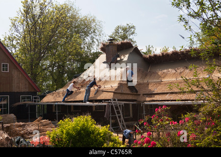 The Netherlands, Giethoorn, Village with almost only waterways. Puting reed on roof. Stock Photo