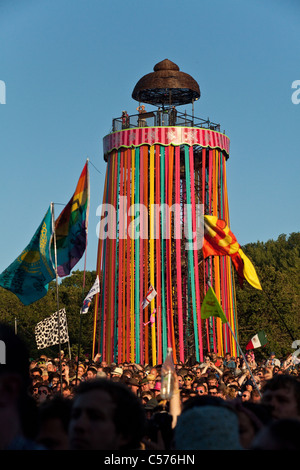 The park stage viewing tower or Ribbon Tower, Glastonbury Festival 2011, Somerset, England, United Kingdom. Stock Photo