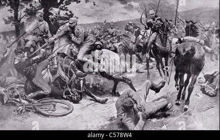 Combat between mounted cavalry forces of the Germans and French during the First World War. Stock Photo
