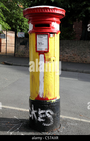 A vandalised Royal Mail pillarbox in a U.K. city. Stock Photo