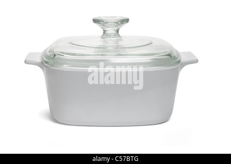 Saucepan closed with glass lid on white background
