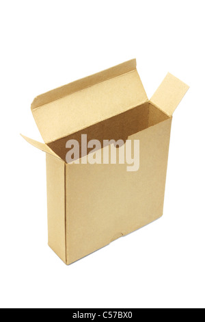 Elevated view of open and empty paper box standing on white background Stock Photo