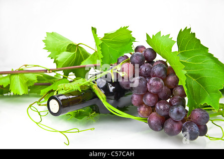 A bottle of red wine with leaves and tendrils Stock Photo