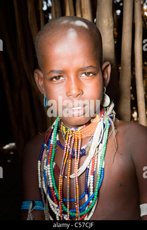 Portrait of a Arbore girl at a tribal village in the Lower Omo Valley, Ethiopia. Stock Photo