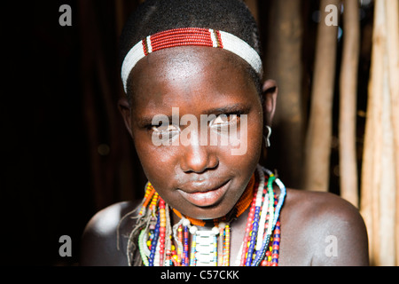 Portrait of a Arbore girl at a tribal village in the Lower Omo Valley, Ethiopia. Stock Photo