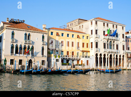 Several gondolas on grand canal in Venice in Italy Stock Photo