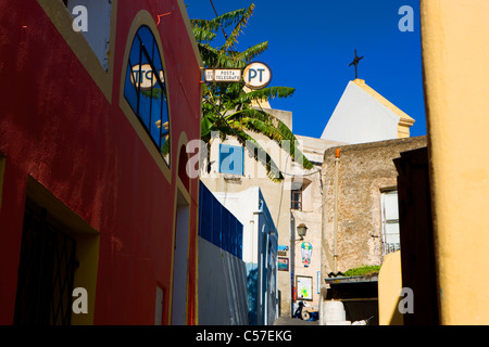 Stromboli, Italy, Europe, Lipari Islands, island, isle, volcano, smoke, village, houses, homes, lane Stock Photo