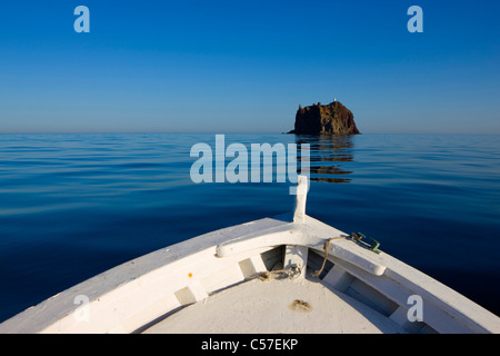 Strombolicchio, Italy, Europe, Lipari Islands, island, isle, volcano chimney, volcano rest, sea, Mediterranean Sea, boat Stock Photo