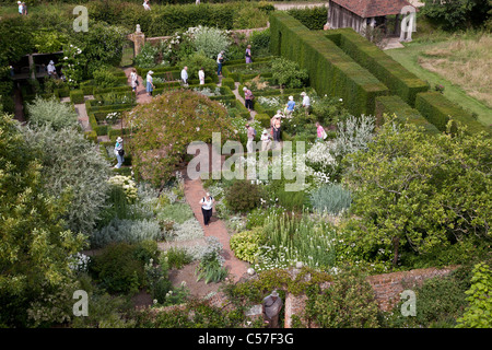A view from the top of the tower in Sissinghurst castle garden. Looking North into the White Garden. Stock Photo