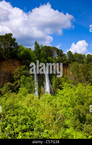 Sillans-la Cascade, France, Europe, Provence, Var, river, flow, waterfall, rock, cliff, tuff rock, clouds, trees Stock Photo