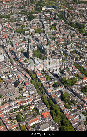 The Netherlands, Utrecht, View on cathedral called De Dom in the city center. Aerial. Stock Photo