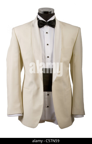 beige tuxedo, white shirt and black bow tie Stock Photo