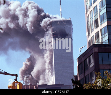 World Trade Center terrorism on September 11, 2001. Tower number two collapses Stock Photo