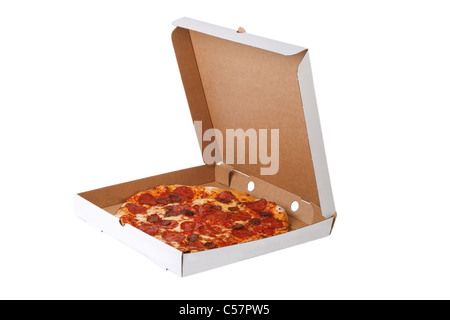 Fresh pizza in plain open box isolated on white background, Delivered fast food concept Stock Photo