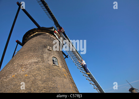 The Netherlands, Kinderdijk, Windmills, Unesco World Heritage Site. Miller with wooden shoes on vane. Stock Photo