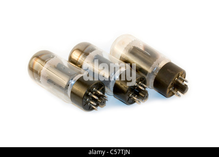 Three old vacuum tubes isolated on a white background. Stock Photo