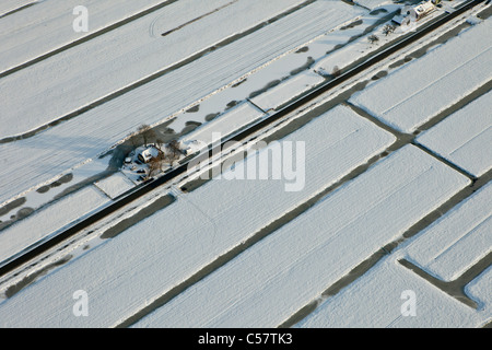 The Netherlands, near Schoonhoven, farm in snow. Aerial. Stock Photo