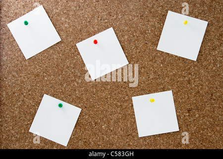 A simple brown cork board with some blank note papers pinned on Stock Photo